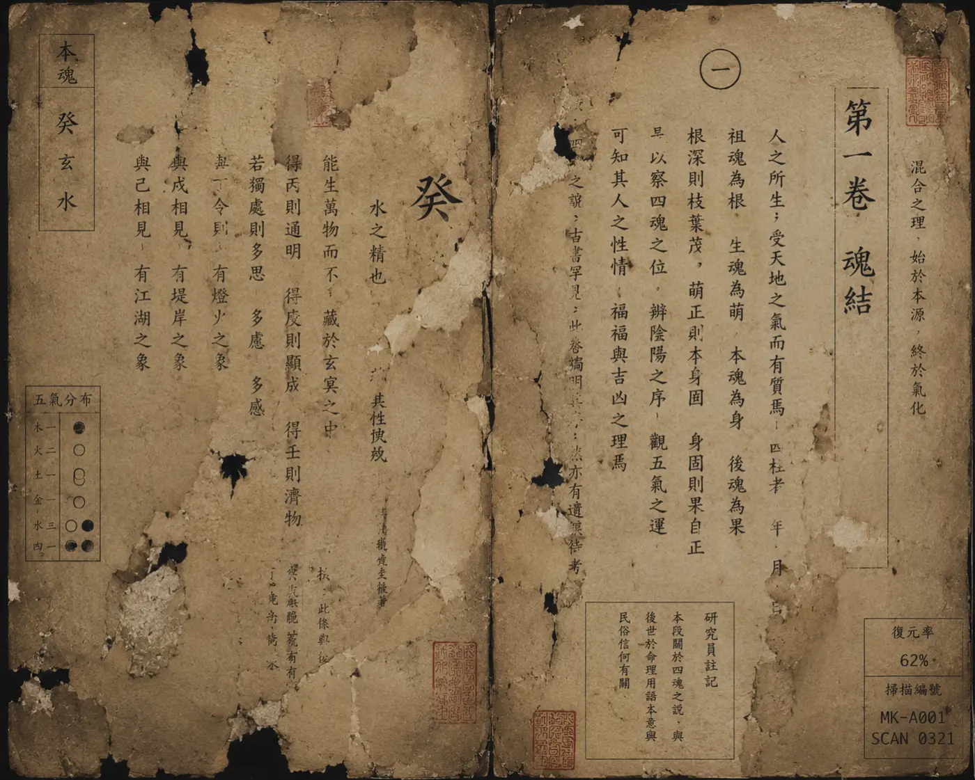 제1권 혼결의 한 면. 종이가 여러 곳 떨어져 나가고 글자가 지워져 있다.